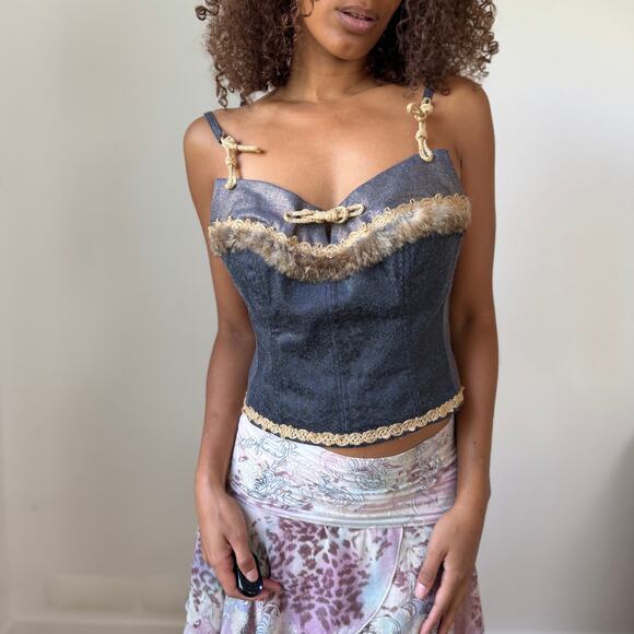 Vintage Italian Denim Corset Top with Fur Trim & Lace-Up Back (M) - Picture 6 of 11